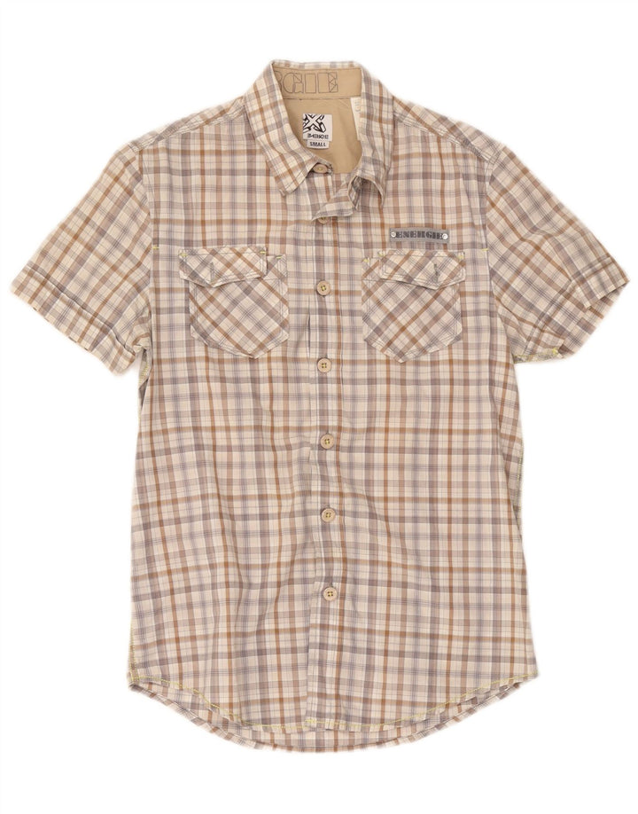 Energie Mens Short Sleeve Shirt Small Beige Check Cotton