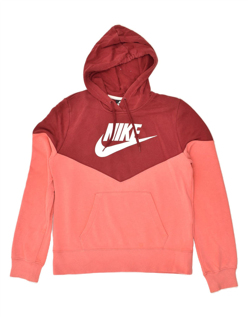 NIKE Womens Graphic Hoodie Jumper UK 14 Medium Pink Colourblock Cotton | Vintage Nike | Thrift | Second-Hand Nike | Used Clothing | Messina Hembry 