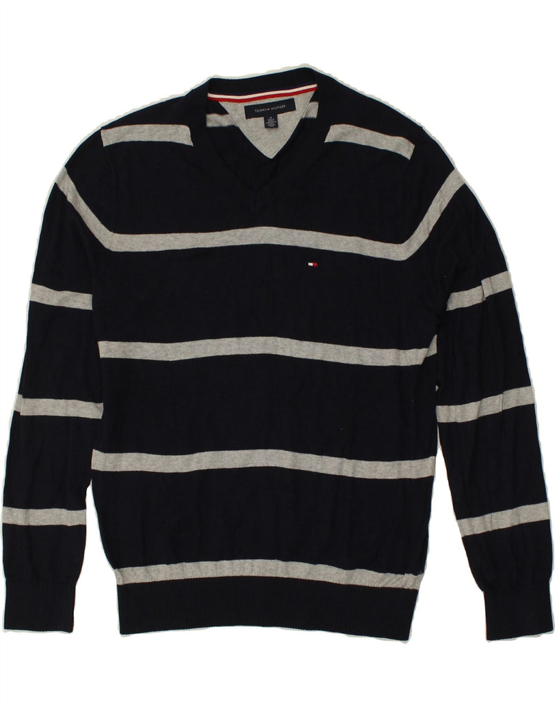 TOMMY HILFIGER Mens V-Neck Jumper Sweater Medium Navy Blue Striped Cotton | Vintage Tommy Hilfiger | Thrift | Second-Hand Tommy Hilfiger | Used Clothing | Messina Hembry 