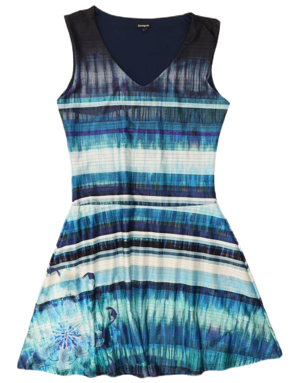 Desigual Womens Sleeveless A-Line Dress UK 14 Large Blue Striped Polyester