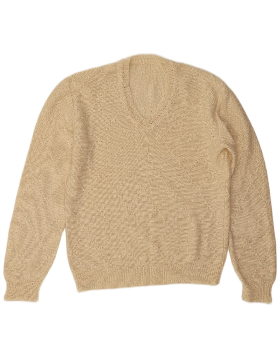 Vintage Mens V-Neck Jumper Sweater Large Off White Argyle/Diamond