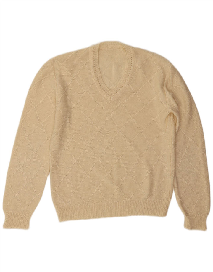 Vintage Mens V-Neck Jumper Sweater Large Off White Argyle/Diamond