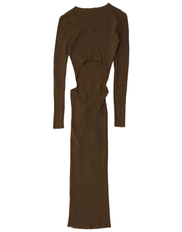 Zara Womens Long Sleeve Maxi Bodycon Dress UK 8 Small Khaki Viscose
