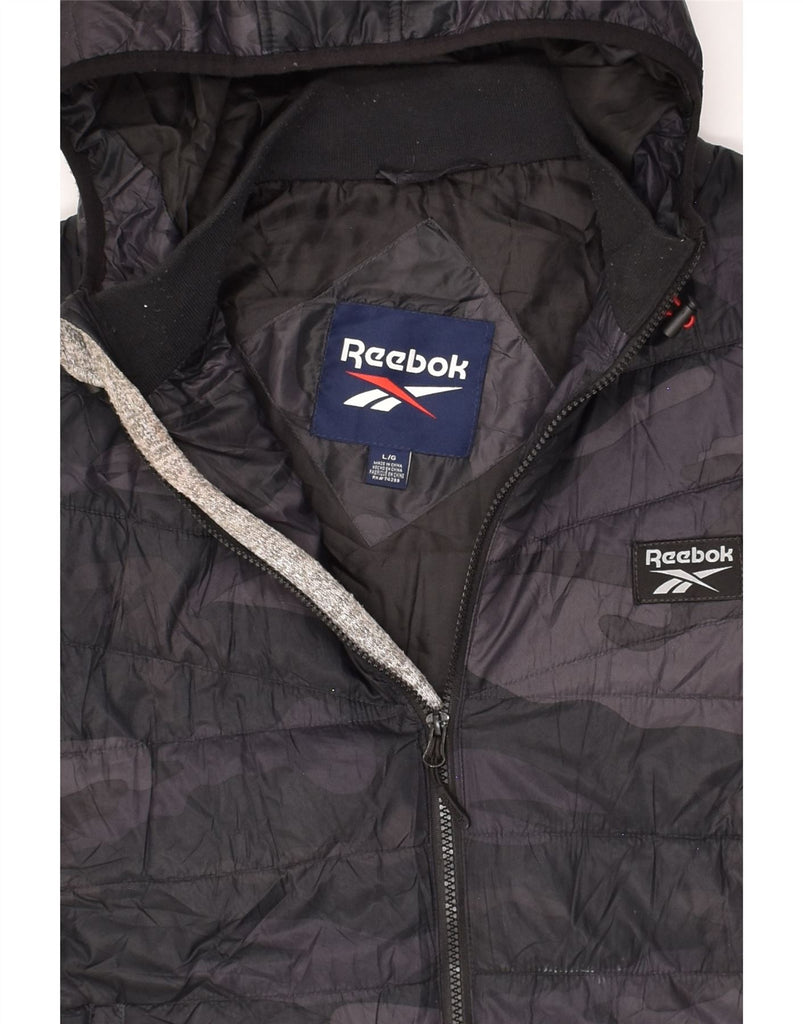 REEBOK Mens Hooded Padded Jacket UK 40 Large Black Camouflage Polyester | Vintage Reebok | Thrift | Second-Hand Reebok | Used Clothing | Messina Hembry 