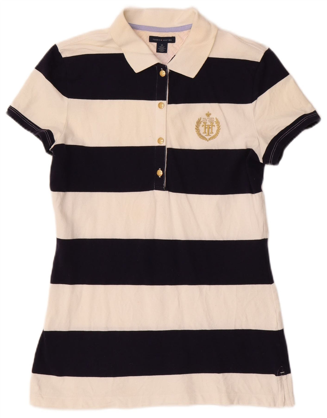TOMMY HILFIGER Womens Polo Shirt UK 12 Medium Off White Striped Cotton