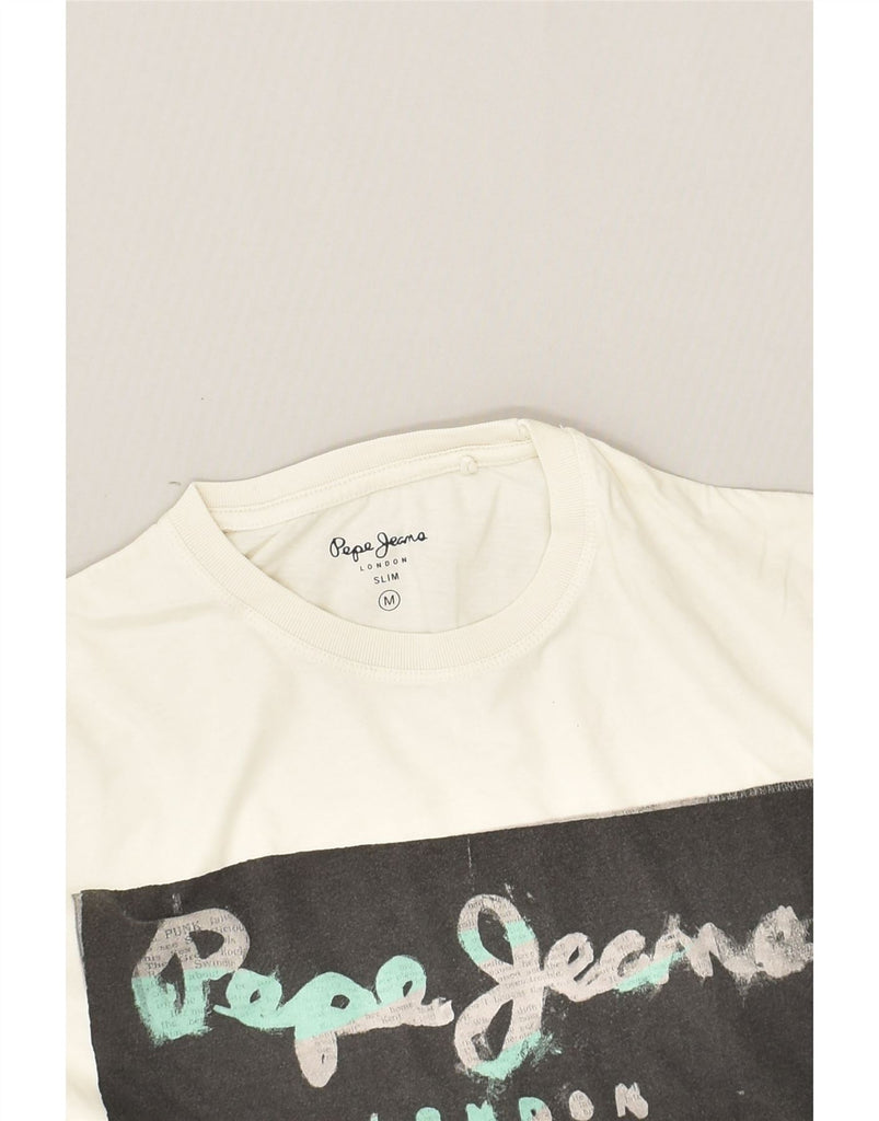 PEPE JEANS Mens Slim Fit Graphic T-Shirt Top Medium Off White Cotton | Vintage PEPE Jeans | Thrift | Second-Hand PEPE Jeans | Used Clothing | Messina Hembry 