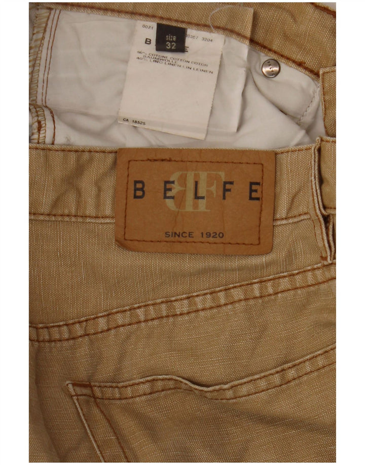 BELFE Mens Straight Casual Trousers W32 L29 Beige Cotton