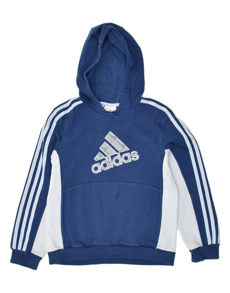 ADIDAS Boys Graphic Hoodie Jumper 9-10 Years Navy Blue Colourblock Cotton | Vintage Adidas | Thrift | Second-Hand Adidas | Used Clothing | Messina Hembry 