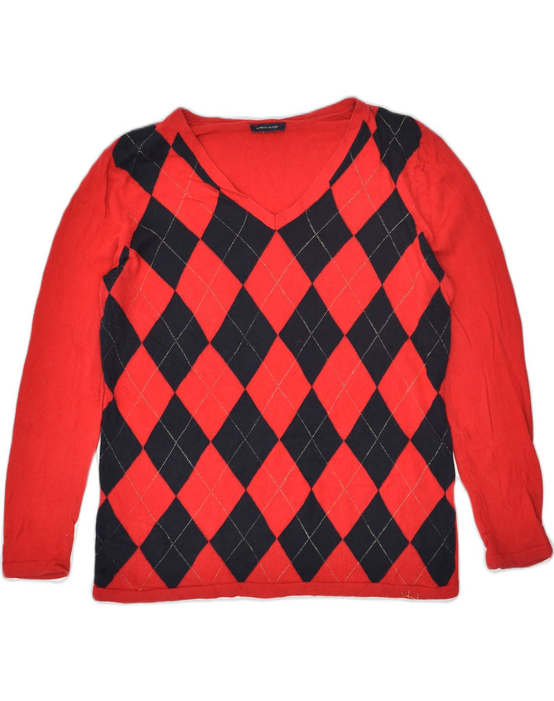 TOMMY HILFIGER Womens V-Neck Jumper Sweater UK 18 XL Red Argyle/Diamond | Vintage Tommy Hilfiger | Thrift | Second-Hand Tommy Hilfiger | Used Clothing | Messina Hembry 