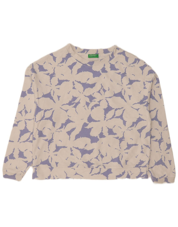 Benetton Womens Oversized Sweatshirt Jumper UK 10 Small White Floral Cotton
