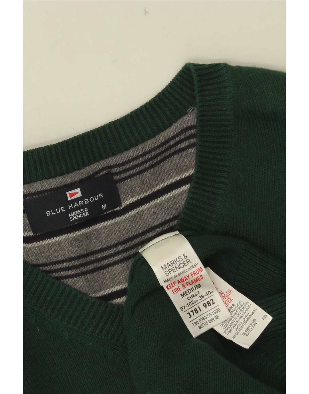 Marks & Spencer Mens Blue Harbour V-Neck Jumper Sweater Medium Green Cotton