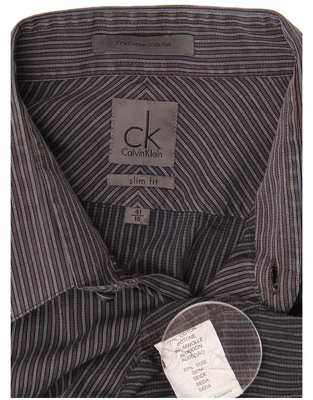 CALVIN KLEIN Mens Slim Fit Shirt Size 41 16 Large Grey Striped Cotton