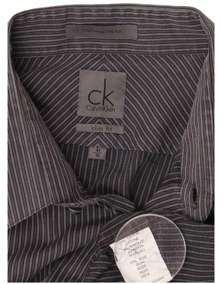 CALVIN KLEIN Mens Slim Fit Shirt Size 41 16 Large Grey Striped Cotton