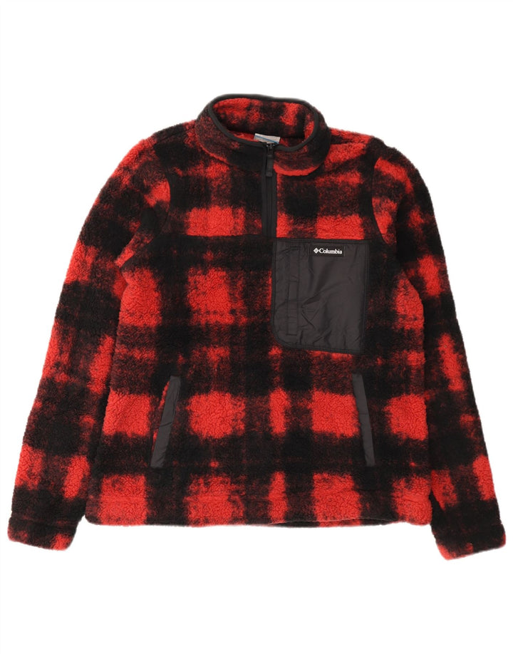COLUMBIA Womens Zip Neck Fleece Jumper UK 14 Medium Red Check Polyester