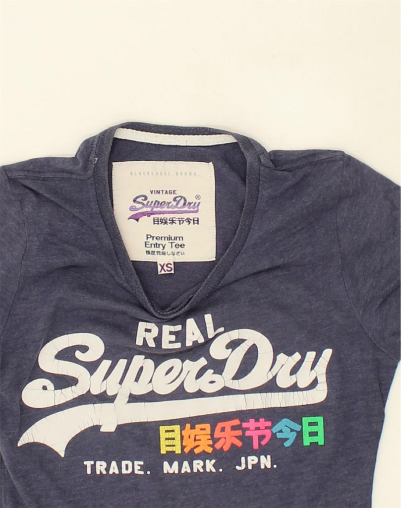 SUPERDRY Womens Premium Graphic T-Shirt Top UK 6 XS Blue Cotton | Vintage Superdry | Thrift | Second-Hand Superdry | Used Clothing | Messina Hembry 