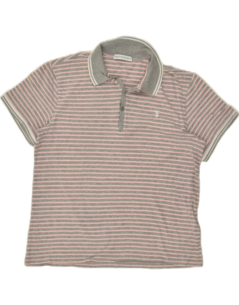 TRUSSARDI Womens Polo Shirt UK 18 XL Grey Striped Vintage Trussardi and Second-Hand Trussardi from Messina Hembry 