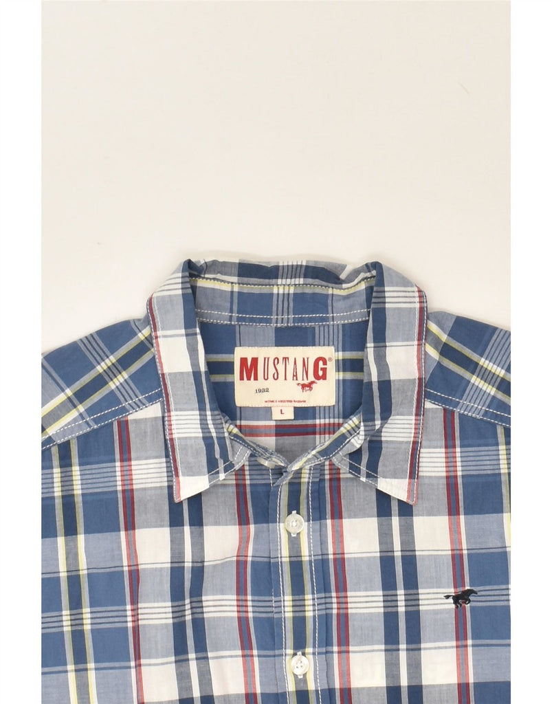 MUSTANG Mens Graphic Short Sleeve Shirt Large Blue Check Cotton Vintage Mustang and Second-Hand Mustang from Messina Hembry 