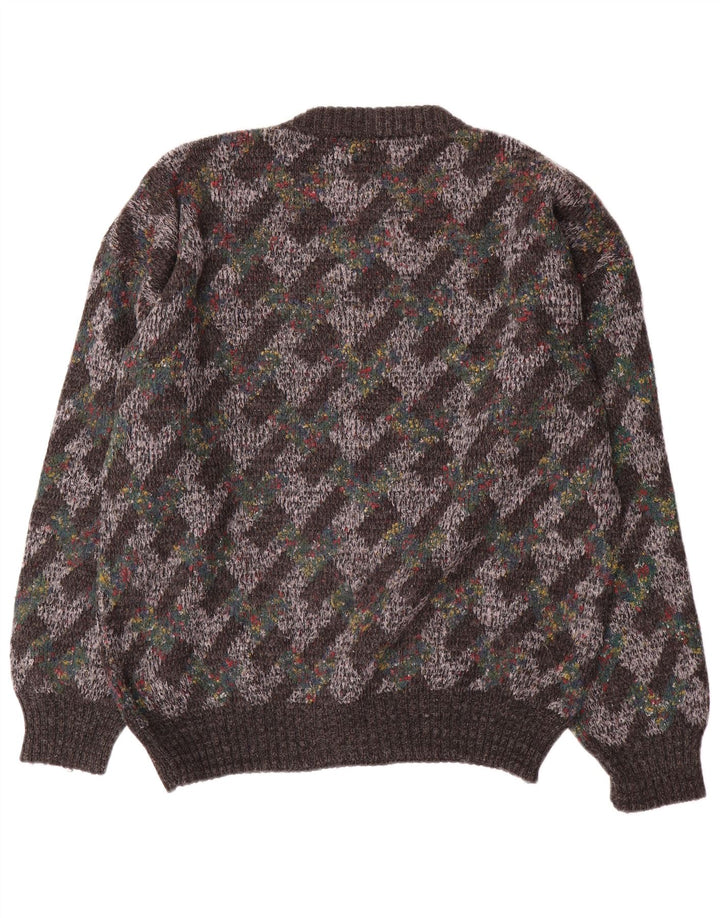 Vintage Mens Crew Neck Jumper Sweater Large Grey Argyle/Diamond Wool