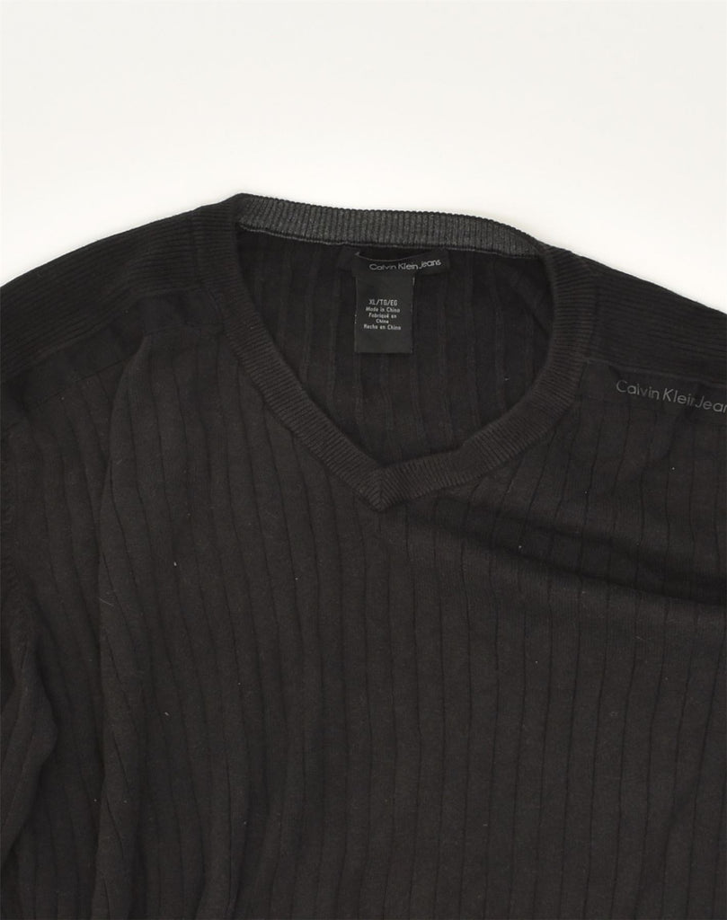 CALVIN KLEIN JEANS Mens V-Neck Jumper Sweater XL Black Striped Cotton | Vintage Calvin Klein Jeans | Thrift | Second-Hand Calvin Klein Jeans | Used Clothing | Messina Hembry 