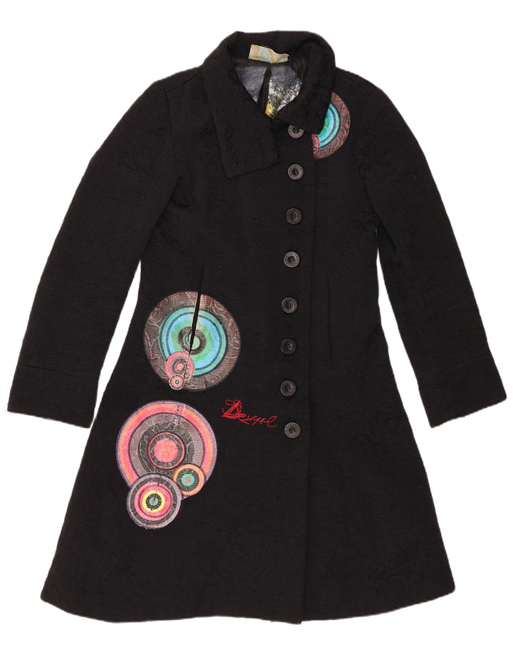DESIGUAL Womens Abstract Pattern Overcoat EU 40 Medium Black Cotton