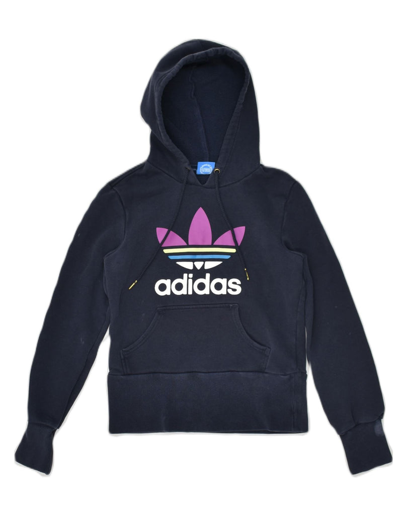 ADIDAS Womens Graphic Hoodie Jumper UK 8 Small Navy Blue Cotton | Vintage Adidas | Thrift | Second-Hand Adidas | Used Clothing | Messina Hembry 