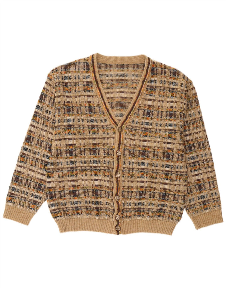 Vintage Mens Cardigan Sweater Large Beige Check