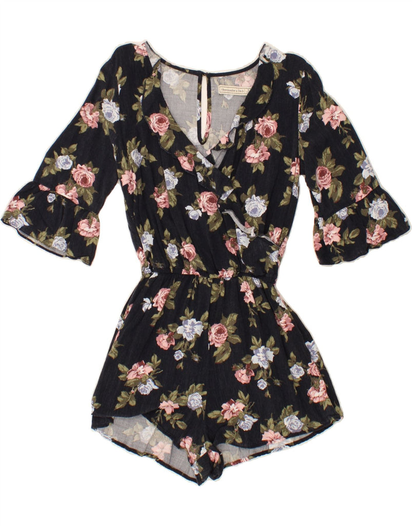 ABERCROMBIE & FITCH Womens 3/4 Sleeve Playsuit UK 10 Small Black Floral Vintage Abercrombie & Fitch and Second-Hand Abercrombie & Fitch from Messina Hembry 