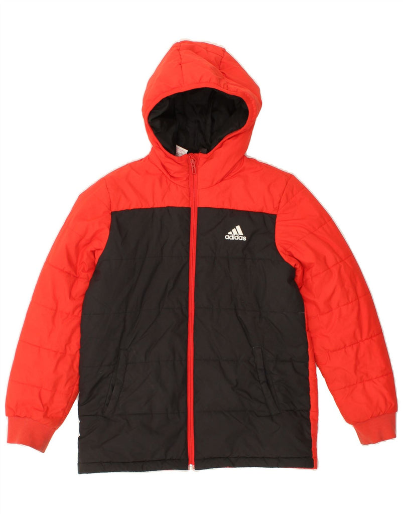 ADIDAS Boys Hooded Padded Jacket 11-12 Years Red Colourblock Polyester Vintage Adidas and Second-Hand Adidas from Messina Hembry 