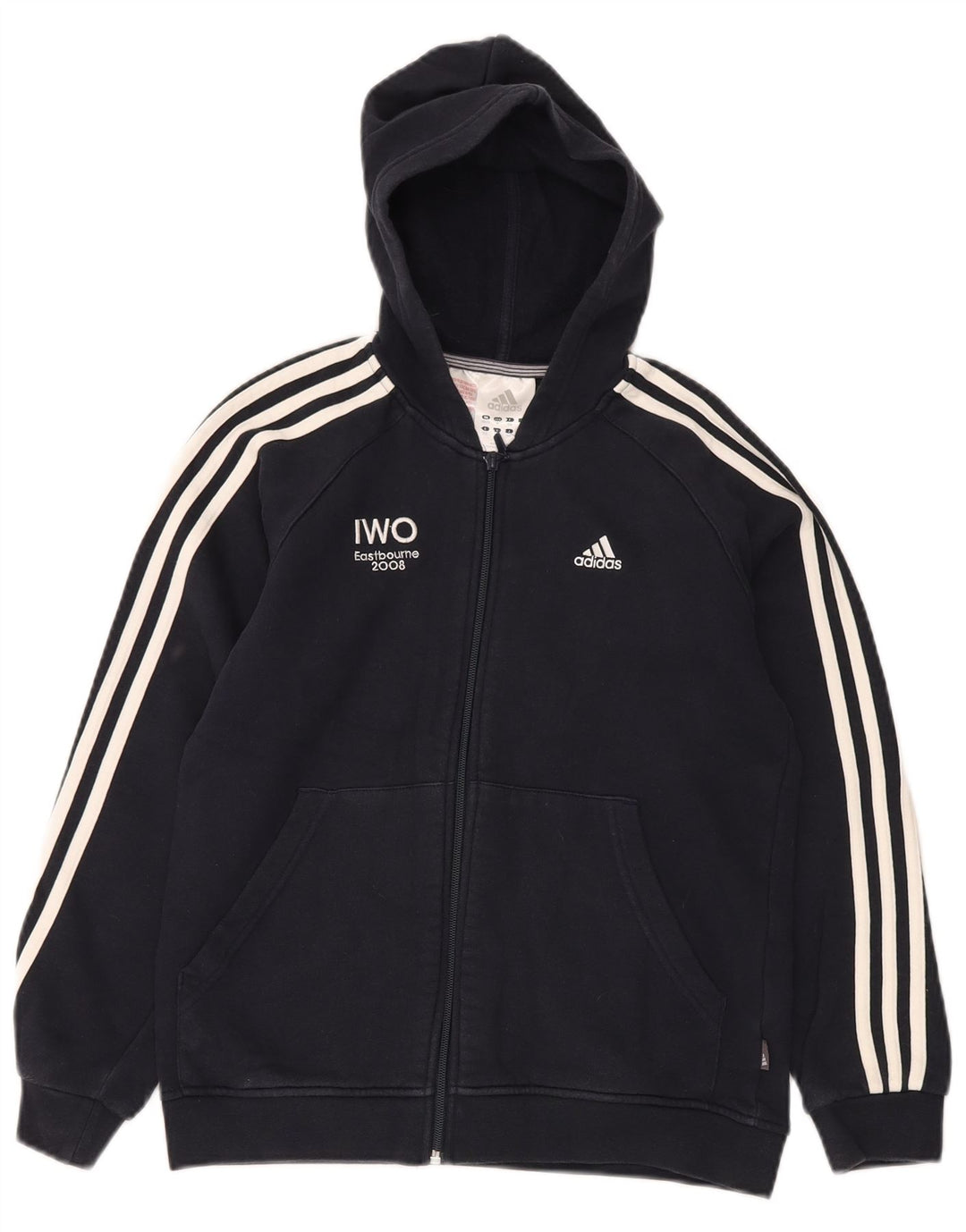 ADIDAS Boys Zip Hoodie Sweater 11-12 Years Navy Blue Cotton