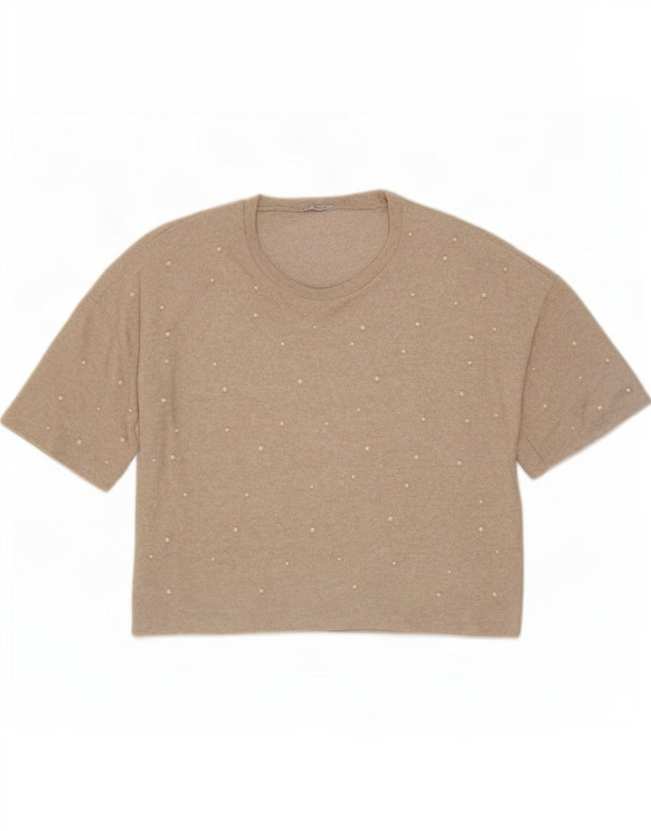 Zara Womens Trafaluc Oversized Blouse Top UK 10 Small Beige Spotted