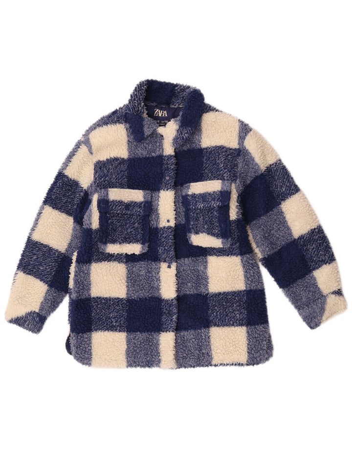 Zara Girls Fleece Jacket 11-12 Years Blue Gingham Polyester