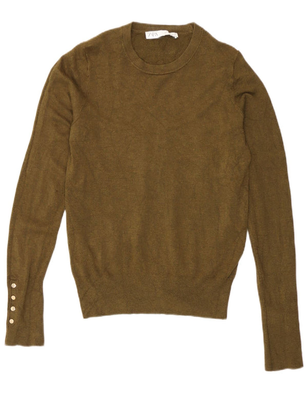 Zara Womens Crew Neck Jumper Sweater UK 10 Small Khaki Viscose