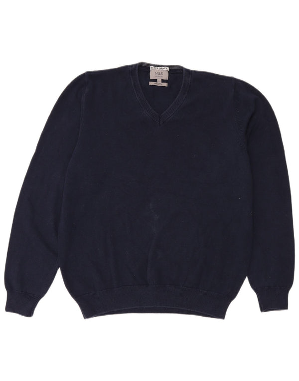 Marks & Spencer Mens V-Neck Jumper Sweater Large Navy Blue Cotton