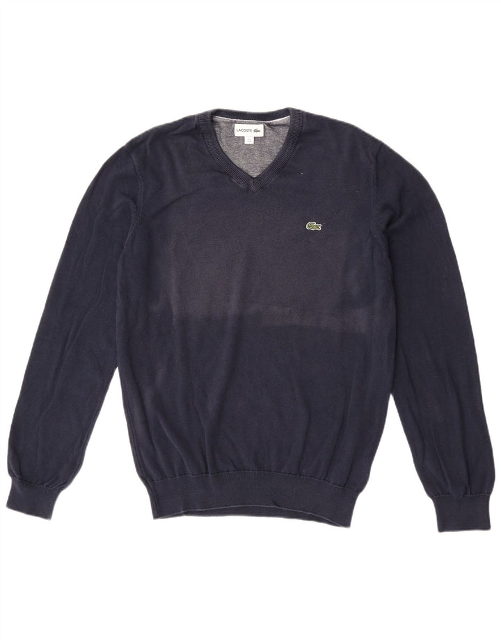 Lacoste Mens V-Neck Jumper Sweater Size 4 Medium Navy Blue Cotton
