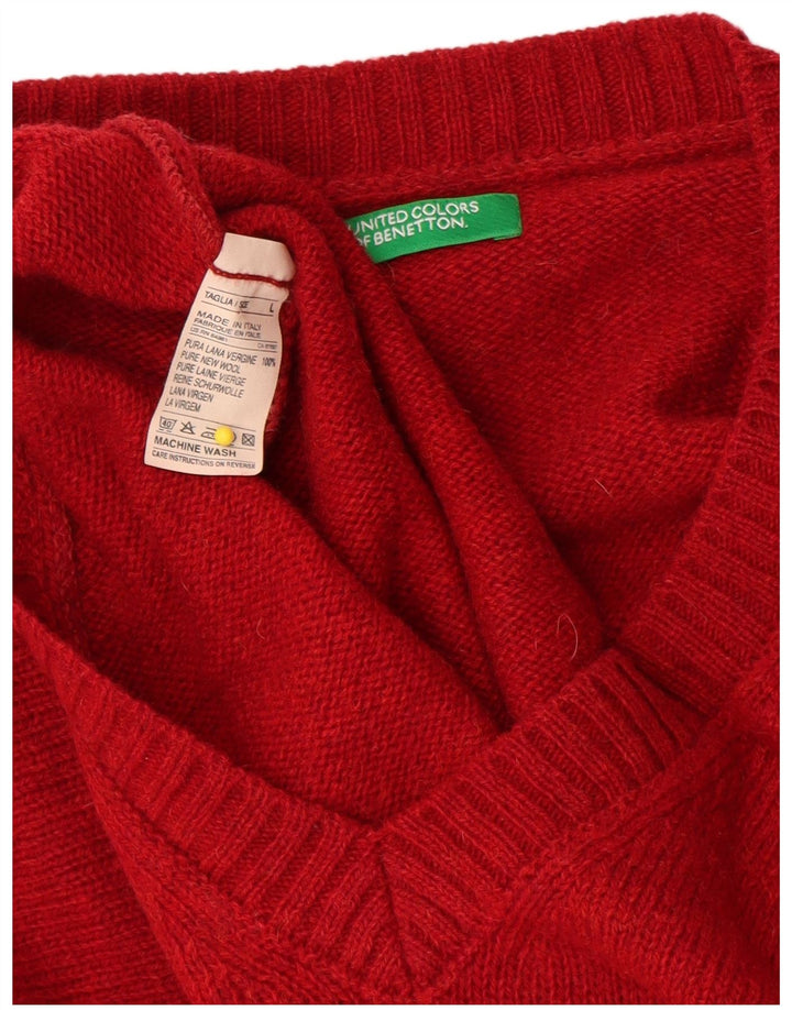 Benetton Mens V-Neck Jumper Sweater Large Red New Wool