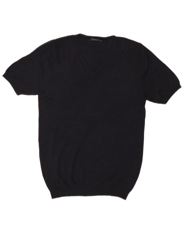 Zara Mens Basic Short Sleeve V-Neck Jumper Sweater Large Navy Blue Viscose