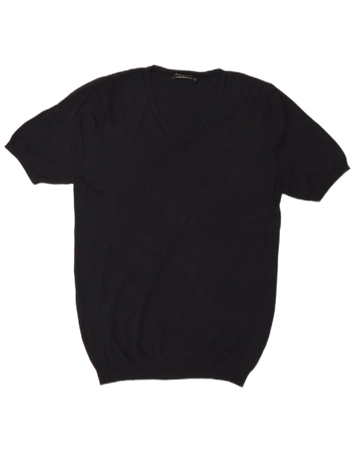 Zara Mens Basic Short Sleeve V-Neck Jumper Sweater Large Navy Blue Viscose