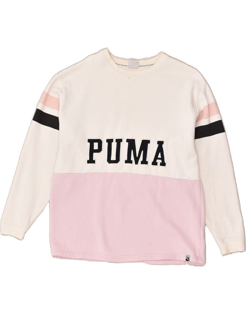 PUMA Womens Graphic Sweatshirt Jumper UK 10 Small White Colourblock Cotton | Vintage Puma | Thrift | Second-Hand Puma | Used Clothing | Messina Hembry 