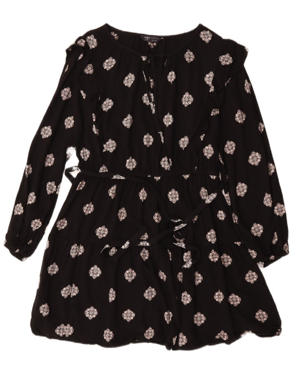 Marks & Spencer Womens Long Sleeve A-Line Dress UK 12 Medium Black Floral