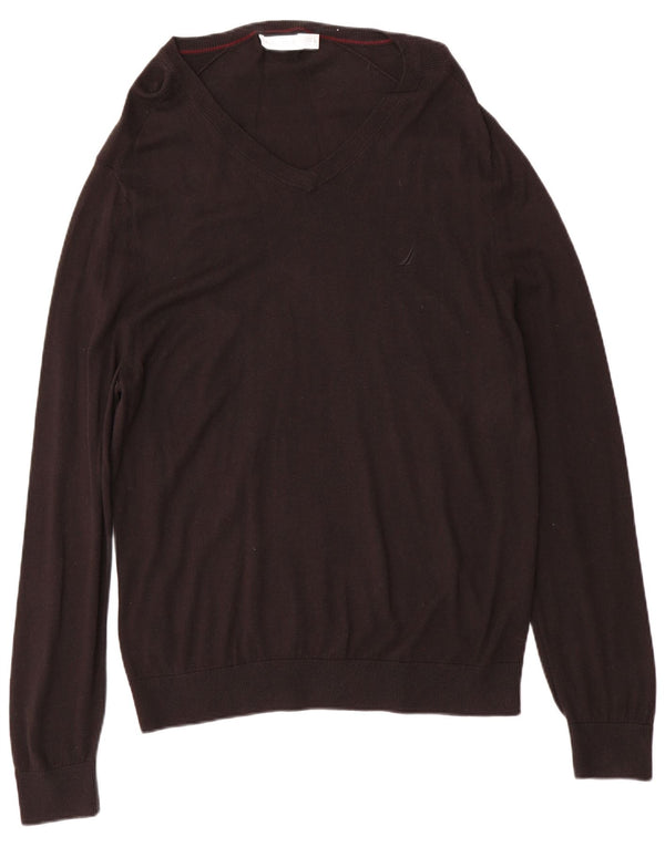 Nautica Mens V-Neck Jumper Sweater Large Black Cotton