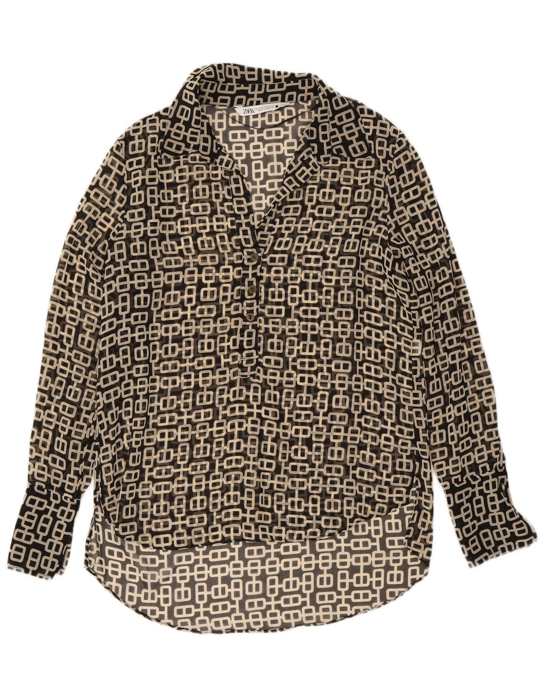 Zara Womens Long Sleeve Oversized Blouse Top UK 6 XS Black Geometric