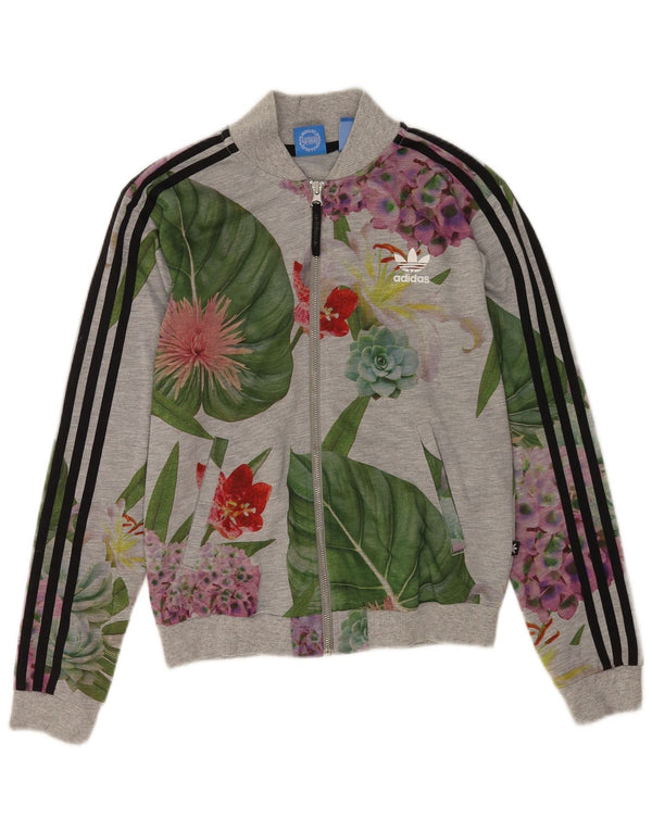 Adidas Womens Graphic Tracksuit Top Jacket UK 10 Small Grey Floral