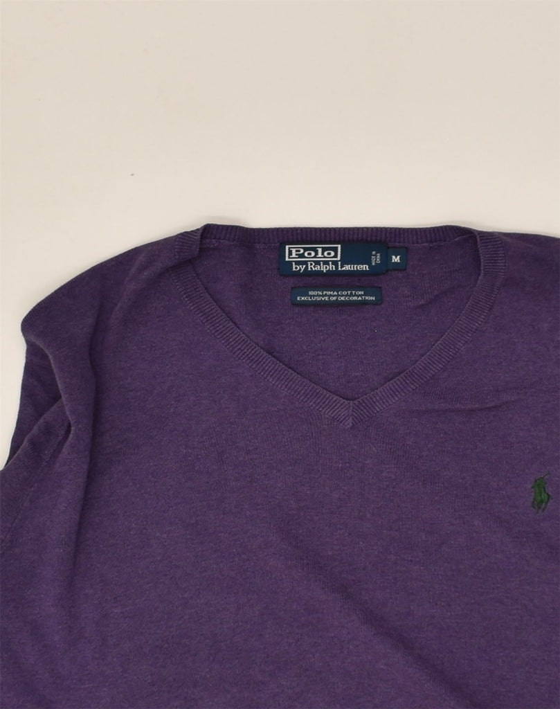 POLO RALPH LAUREN Mens V-Neck Jumper Sweater Medium Purple Cotton | Vintage Polo Ralph Lauren | Thrift | Second-Hand Polo Ralph Lauren | Used Clothing | Messina Hembry 