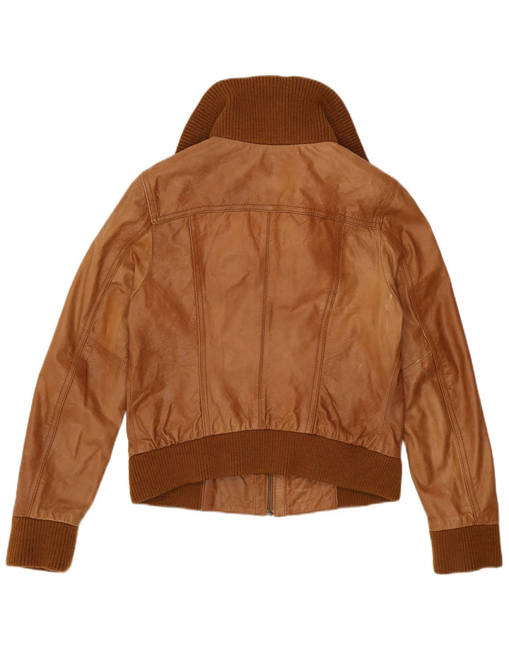 Pimkie Womens Bomber Leather Jacket UK 12 Medium Brown