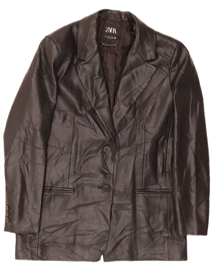 Zara Womens 2 Button Faux Leather Blazer Jacket UK 14 Medium Black Classic