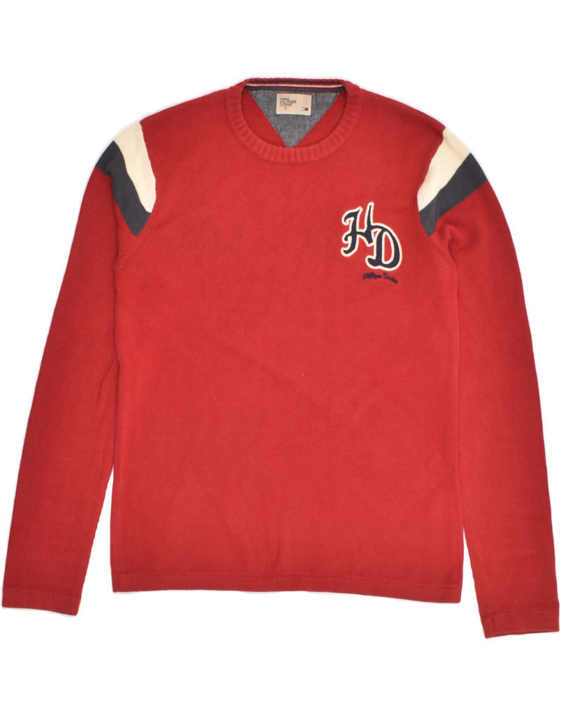 TOMMY HILFIGER Mens Graphic Crew Neck Jumper Sweater Small Red Cotton | Vintage Tommy Hilfiger | Thrift | Second-Hand Tommy Hilfiger | Used Clothing | Messina Hembry 