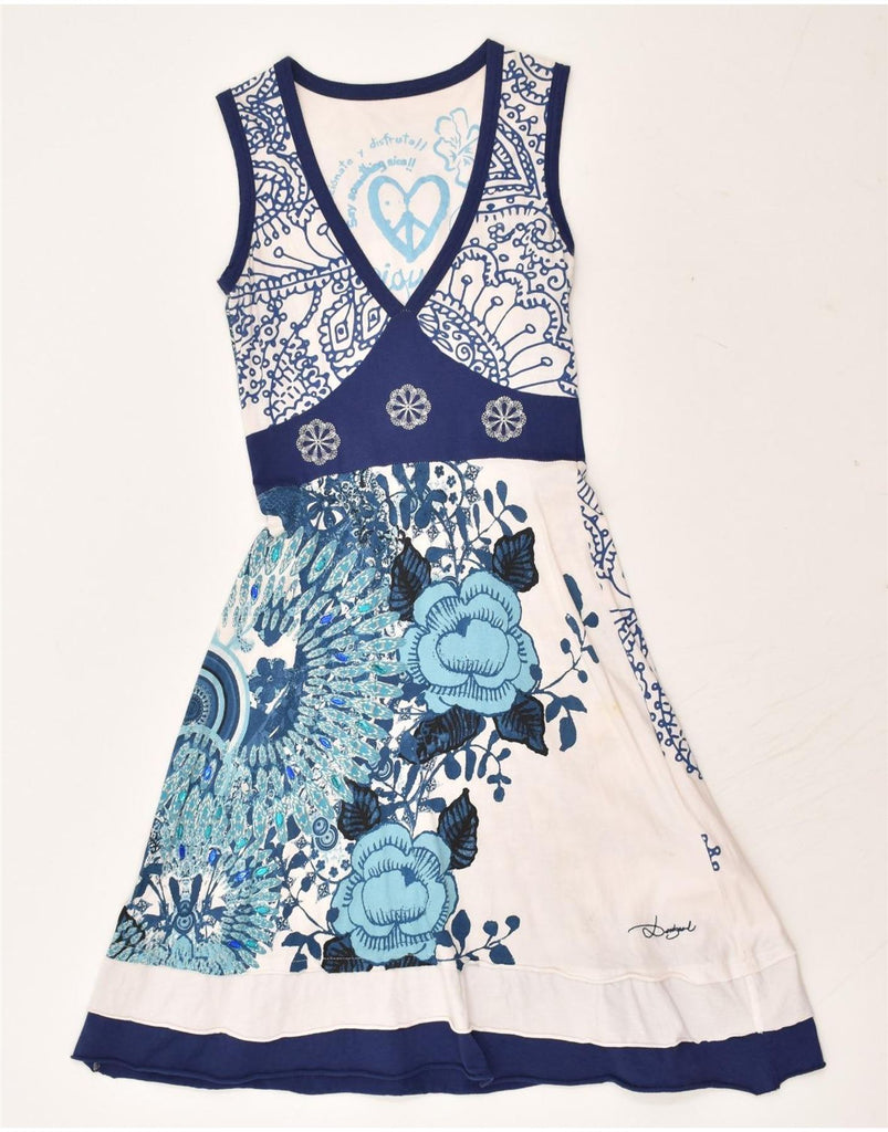 DESIGUAL Womens Sleeveless A-Line Dress UK 4 XS Blue Floral Cotton | Vintage Desigual | Thrift | Second-Hand Desigual | Used Clothing | Messina Hembry 