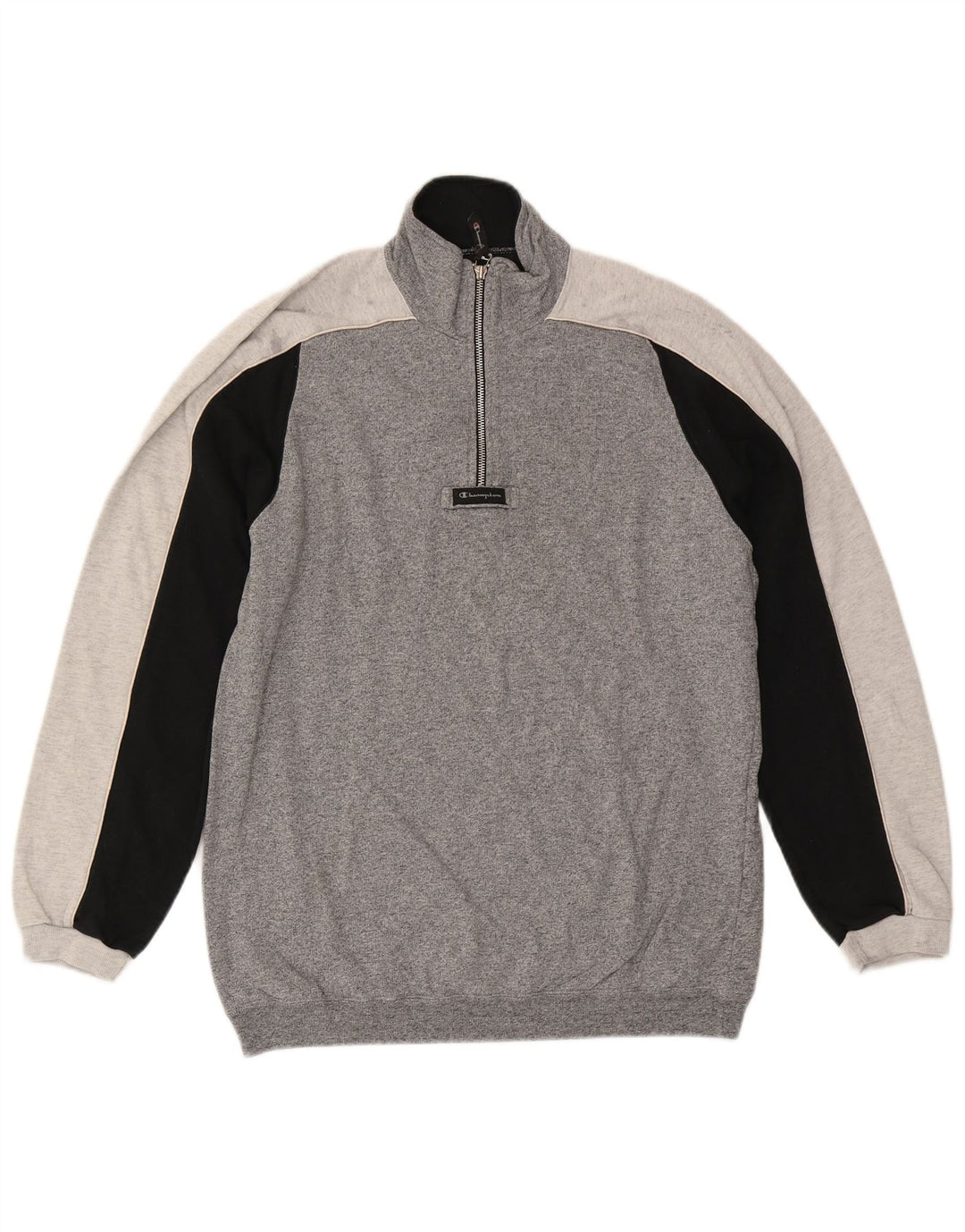 CHAMPION Mens Zip Neck Sweatshirt Jumper Large Grey Colourblock Cotton