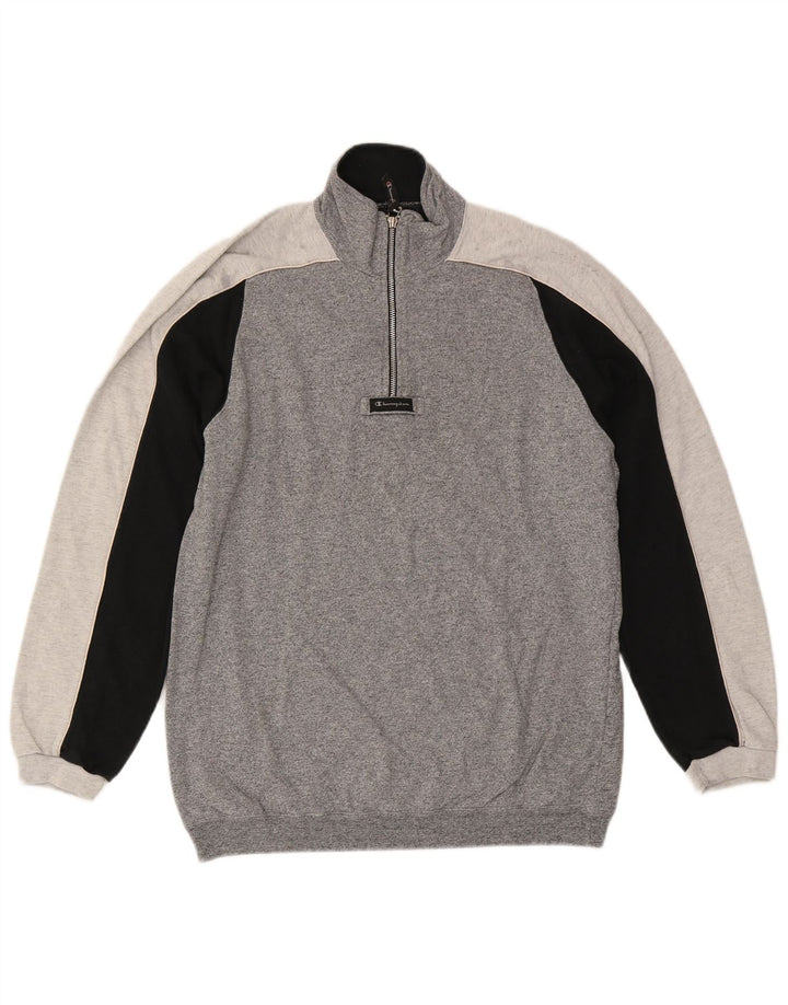 CHAMPION Mens Zip Neck Sweatshirt Jumper Large Grey Colourblock Cotton