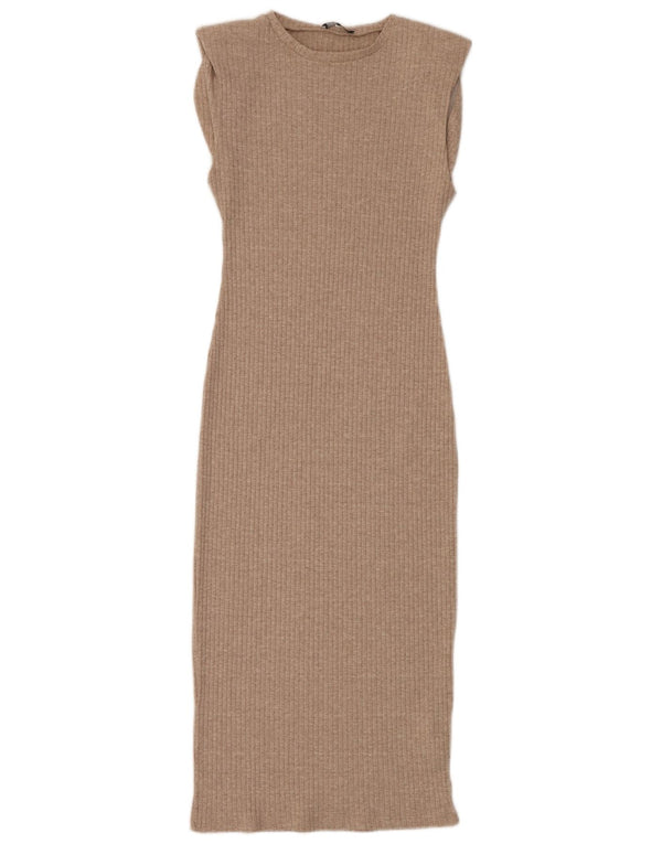Zara Womens Maxi Sleeveless Bodycon Dress UK 12 Medium Beige Polyester